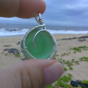 Silver Wrapped Green Sea Glass Necklace